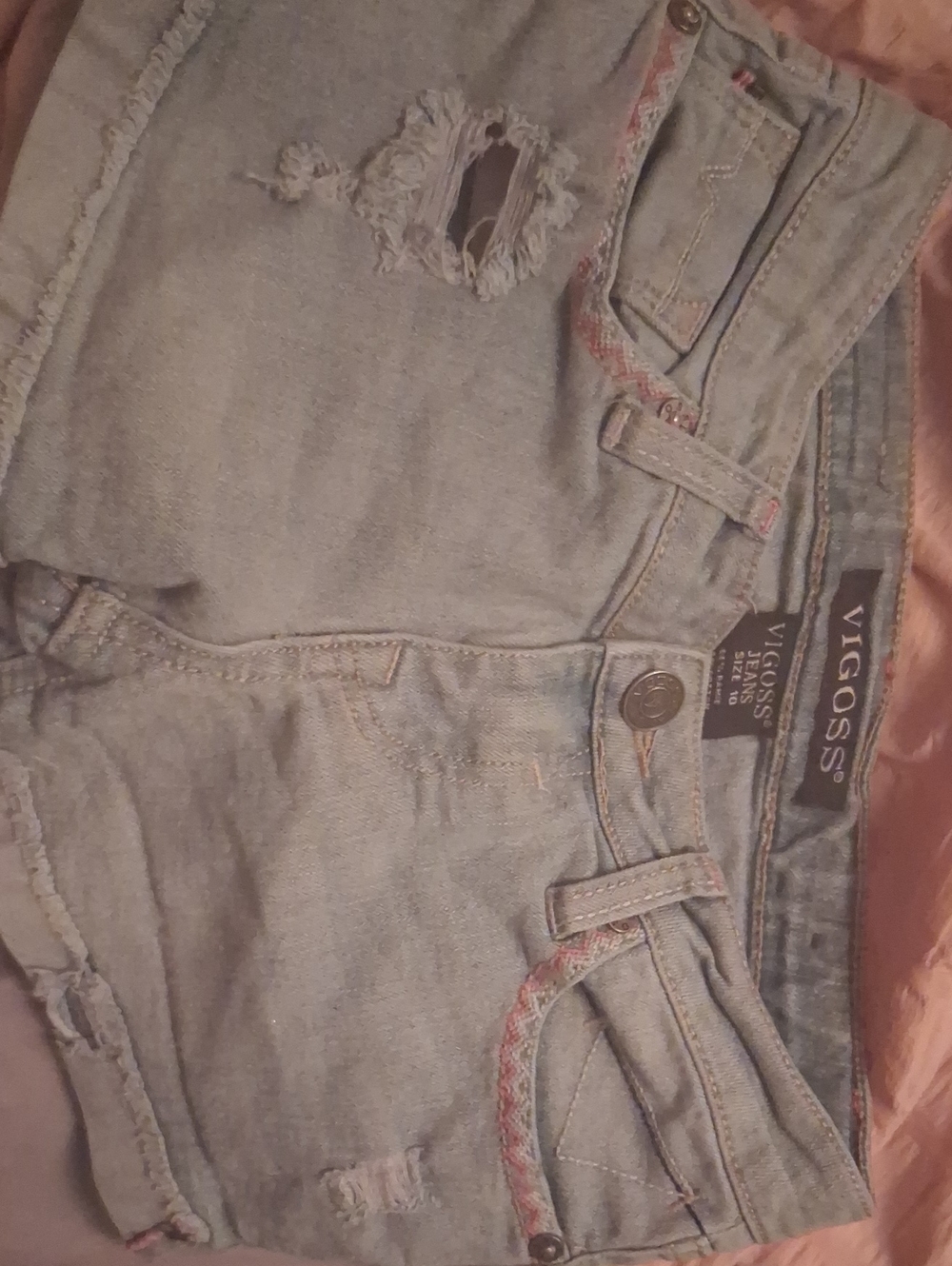 Vigoss Light Blue Distressed Denim Shorts with Pink Accent Trim
